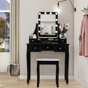 Vanity Dressing Table Set with 10 Dimmable Bulbs and Cushioned Stool-Black view 9