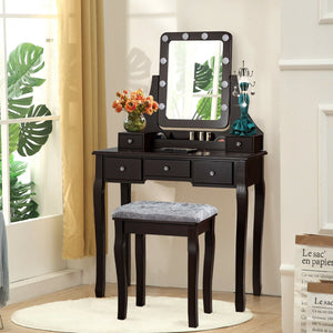 Vanity Dressing Table Set with 10 Dimmable Bulbs and Cushioned Stool-Brown view 2
