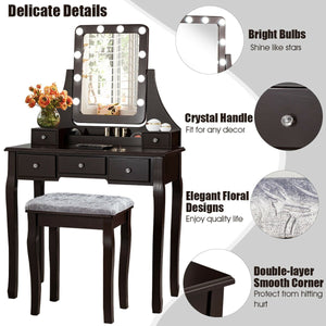 Vanity Dressing Table Set with 10 Dimmable Bulbs and Cushioned Stool-Brown view 3