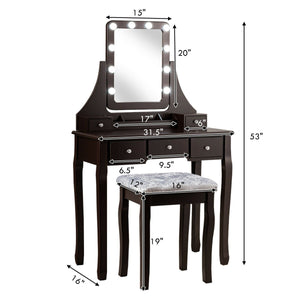 Vanity Dressing Table Set with 10 Dimmable Bulbs and Cushioned Stool-Brown view 4
