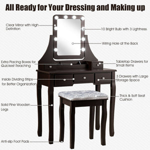 Vanity Dressing Table Set with 10 Dimmable Bulbs and Cushioned Stool-Brown view 5