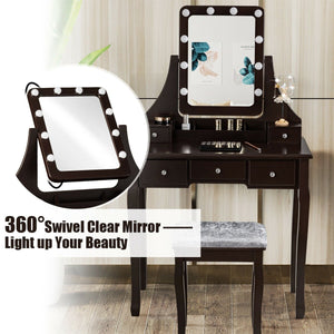Vanity Dressing Table Set with 10 Dimmable Bulbs and Cushioned Stool-Brown view 7