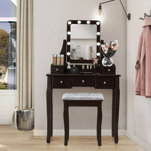 Vanity Dressing Table Set with 10 Dimmable Bulbs and Cushioned Stool-Brown view 9