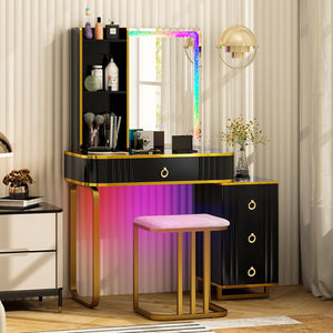 Vanity Table Set with RGB LED Lights and Wireless Charging Station-Black view 3