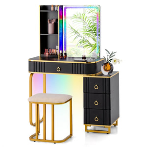 Vanity Table Set with RGB LED Lights and Wireless Charging Station-Black view 4