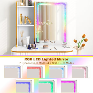 Vanity Table Set with RGB LED Lights and Wireless Charging Station-White view 7