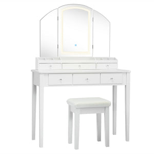 Vanity Table Stool Set with Large Tri-folding Lighted Mirror-White