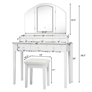 Vanity Table Stool Set with Large Tri-folding Lighted Mirror-White view 5