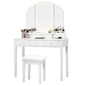 Vanity Table Stool Set with Large Tri-folding Lighted Mirror-White view 6