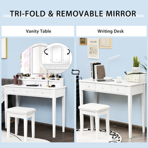 Vanity Table Stool Set with Large Tri-folding Lighted Mirror-White view 7