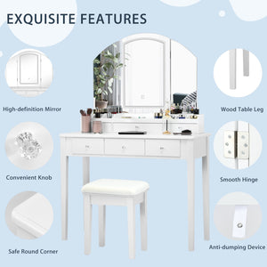 Vanity Table Stool Set with Large Tri-folding Lighted Mirror-White view 9