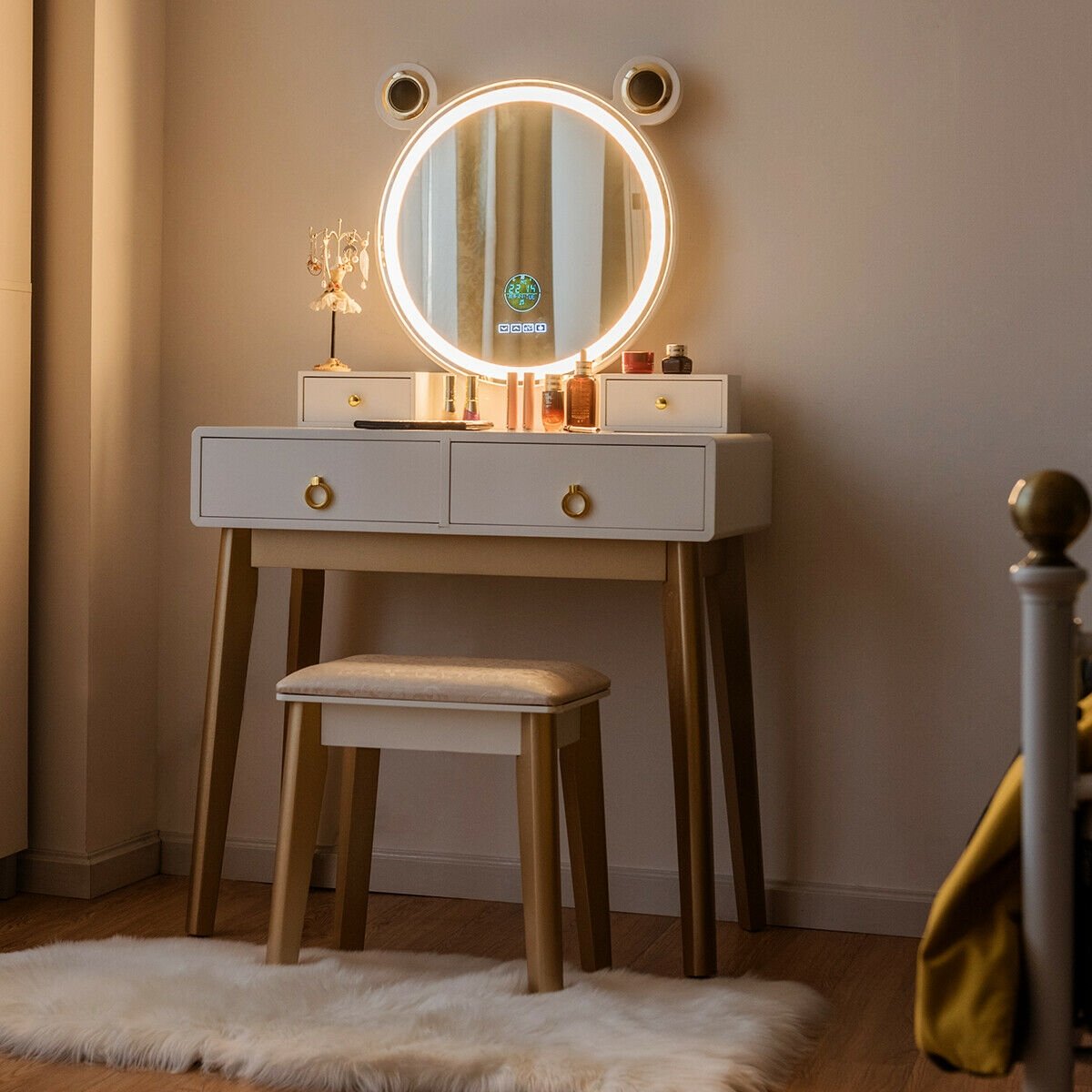 Vanity Set with 3-Color Lighted Touch Screen Dimming Mirror and 4 Drawers view 2