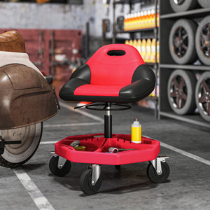 Rolling Garage Stool, 300 LBS Capacity Mechanic Stool with 5" Wheels, Tool Tray Storage, Adjustable Height, Red