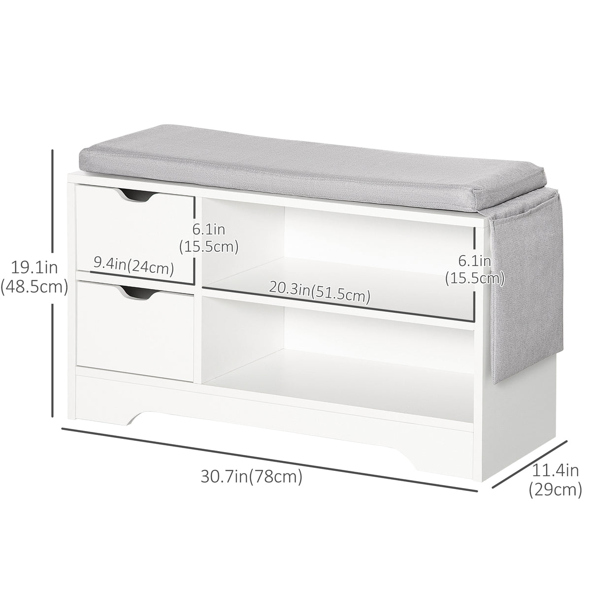 Upholstered Shoe Storage Bench w/ Seat, Entrance Bench w/ Drawer Open Shelves and Pocket for Hallway, White – view 2