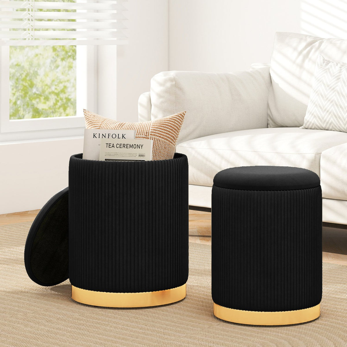 Velvet/Linen Fabric Storage Ottoman Set of 2-Black view 2