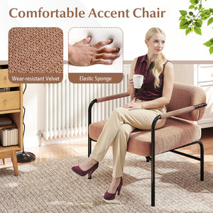 Velvet Upholstered Accent Chair with Cylindrical Backrest and Metal Armrests-Brown view 5