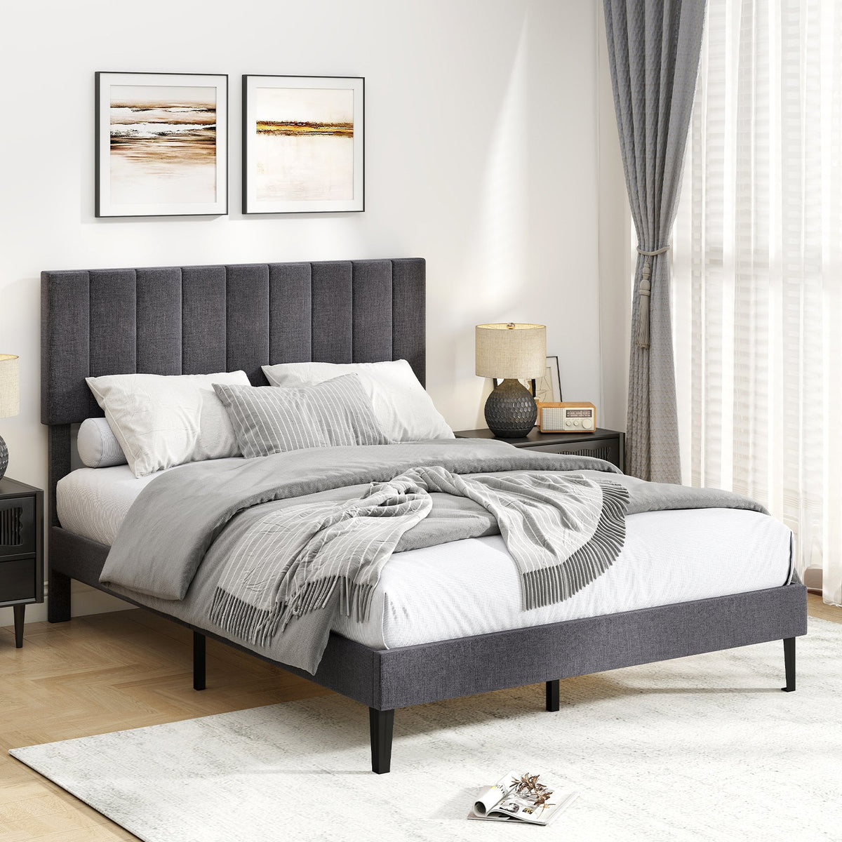 Velvet Upholstered Platform Bed with Height Adjustable Vertical Channel Headboard-Full Size view 2