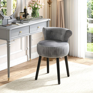 Velvet Vanity Chair with Back Upholstered Vanity Stool with Tufted Low Back and Solid Wood Legs-Gray view 3