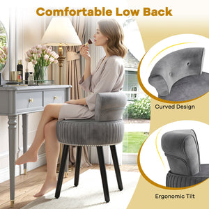 Velvet Vanity Chair with Back Upholstered Vanity Stool with Tufted Low Back and Solid Wood Legs-Gray view 9