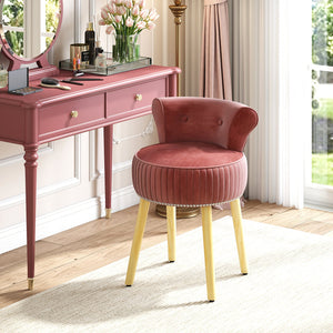 Velvet Vanity Chair with Back Upholstered Vanity Stool with Tufted Low Back and Solid Wood Legs-Pink view 3