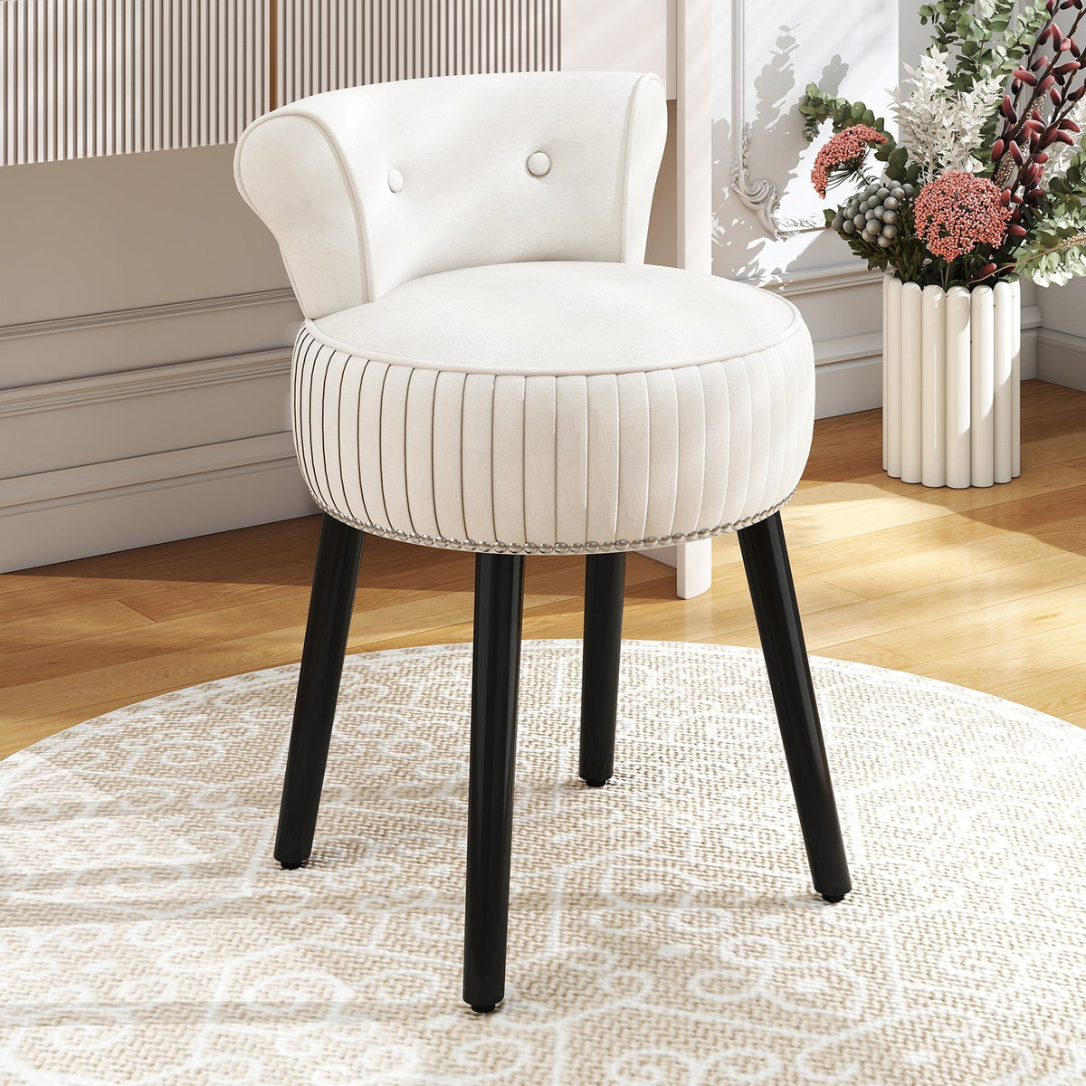 Velvet Vanity Chair with Back Upholstered Vanity Stool with Tufted Low Back and Solid Wood Legs-White view 2