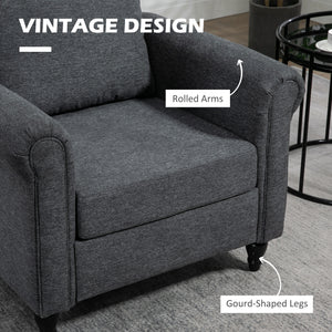 Vintage Armchair, Upholstered Accent Chair with Rolled Arms, Gourd-Shaped Rubber Wood Legs, Dark Grey