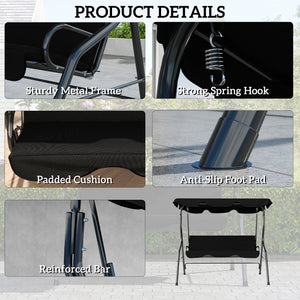 Outdoor Porch Swing with Adjustable Canopy, 3-Seater Patio Swing Chair with Cushion, Black – view 4