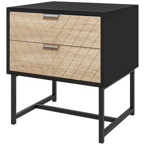 Modern Bedside Table with 2 Drawers and Steel Frame, Sofa Side Table for Bedroom Living Room, White and Oak