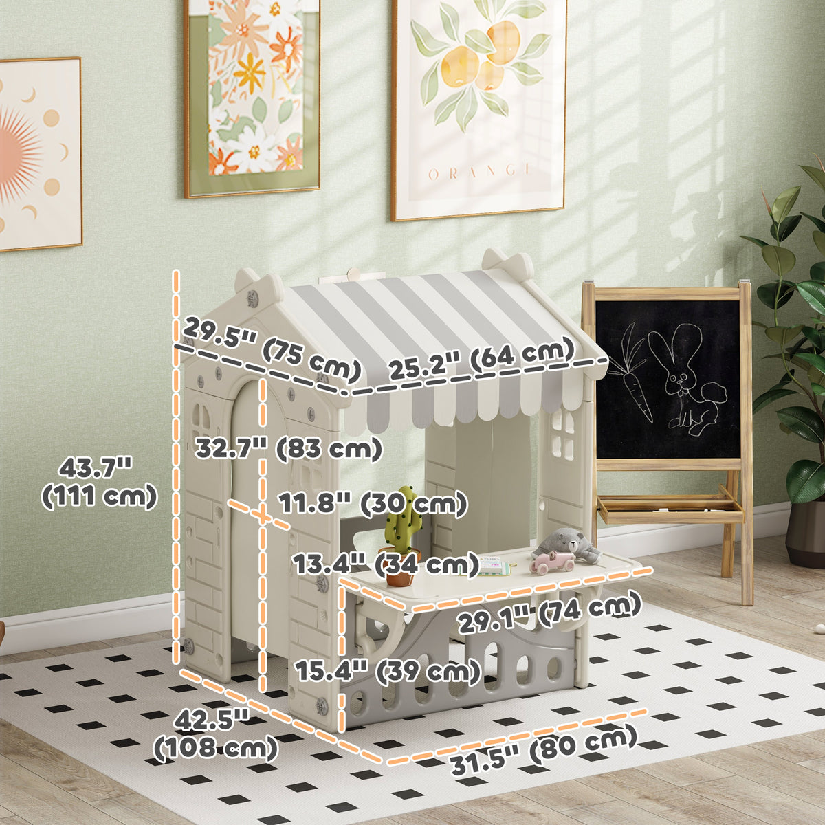 Qaba Kids Playhouse, Indoor Sleek Play House Cottage Pretend Role Games, with Arched Doors, for Ages 1-6 Years