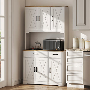 Tall Kitchen Pantry, 6 Doors, 2 Drawers, Adjustable Shelves & Worktop, Rustic Storage Cabinet for Living Room White