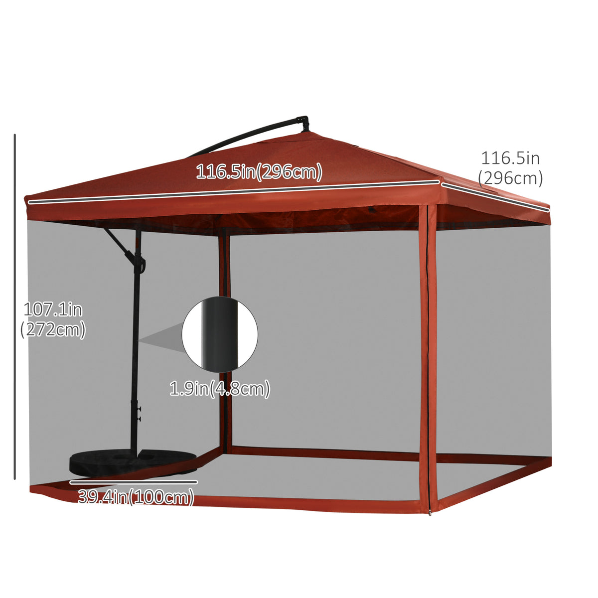 Offset Patio Umbrella with Net and Umbrella Base, Adjustable Cantilever Canopy with Cross Base, Weight Plates and 8 Ribs for Backyard, Poolside, Garden, Wine Red