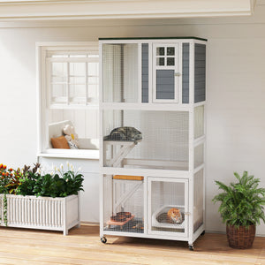 74" Wooden Outdoor Cat House Weatherproof & Wheeled with High Weight Capacity, Kitten Cage Condo, White