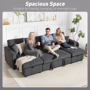 Convertible Sofa Bed, Corduroy U-Shaped Sleeper Sofa Couch with Storage Chaise, Pillows, Spring, Futon Couch, Grey