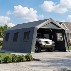 20 x 13 ft Carport, Portable Garage with Roll-Up Door and Windows, PE Canopy, Steel Frame, Dark Grey