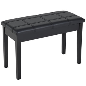 Classic Piano Bench Stool, PU Leather Padded Keyboard Seat with Rubber Wood Legs and Music Storage Compartment, Banded Seat, Black