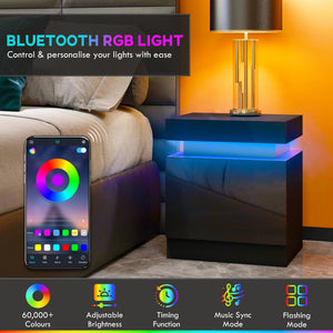 Nightstand, Bedside Table with LED Lights and 2 Drawers for Bedroom, Living Room, Black