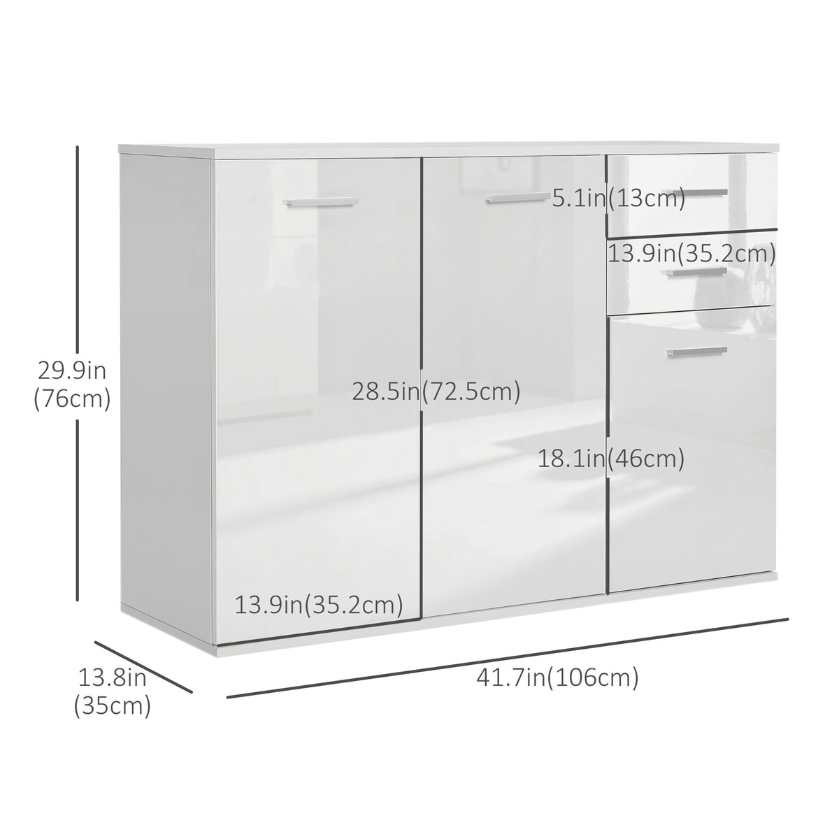High Gloss Sideboard with 2 Drawers and 3 Doors, Buffet Cabinet with Adjustable Shelf, Coffee Bar Cabinet with Storage, White
