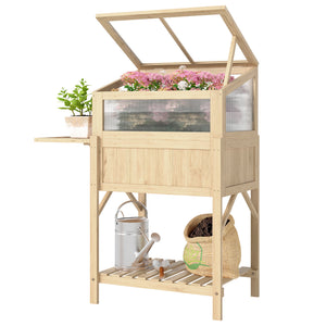 Raised Garden Bed Planter with Cold Frame, Wooden Elevated Planter Box with Folding Side Table and Shelf, Natural Wood