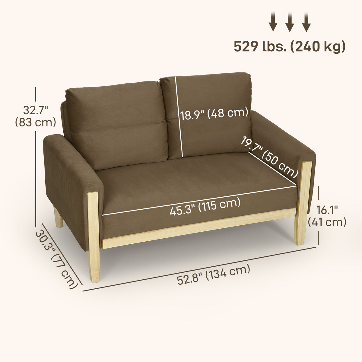 53" Loveseat Sofa, Small 2 Seater Couch with Solid Wood Legs, Modern Velvet Sofa for Living Room – view 2