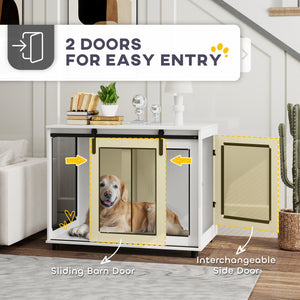 39" Dog Crate Furniture with Sliding Barn Door, Furniture Style Dog Cage End Table for Large Dogs, White
