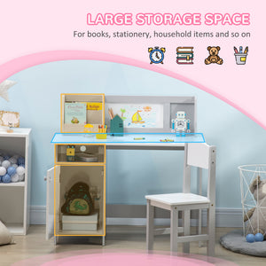 Qaba 2Pcs Kids Desk and Chair Set with Whiteboard, Storage, Shelves