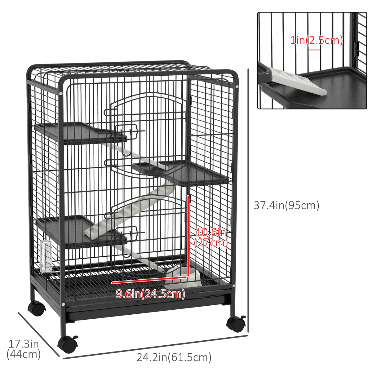 37"H Ferret Cage, 4-Tier Rolling Rabbit Ferret Chinchilla Squirrel Cage with Removable Tray, Platform, Ramp, Food Dish, Water Bottle, 24" x 17" x 37"