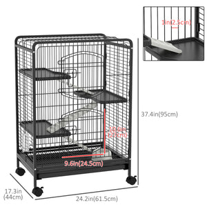 37"H Ferret Cage, 4-Tier Rolling Rabbit Ferret Chinchilla Squirrel Cage with Removable Tray, Platform, Ramp, Food Dish, Water Bottle, 24" x 17" x 37"