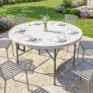 Φ48" Folding Patio Table, Outdoor HDPE Picnic Table, Card Table for 6, Round Folding Banquet with Metal Frame, White