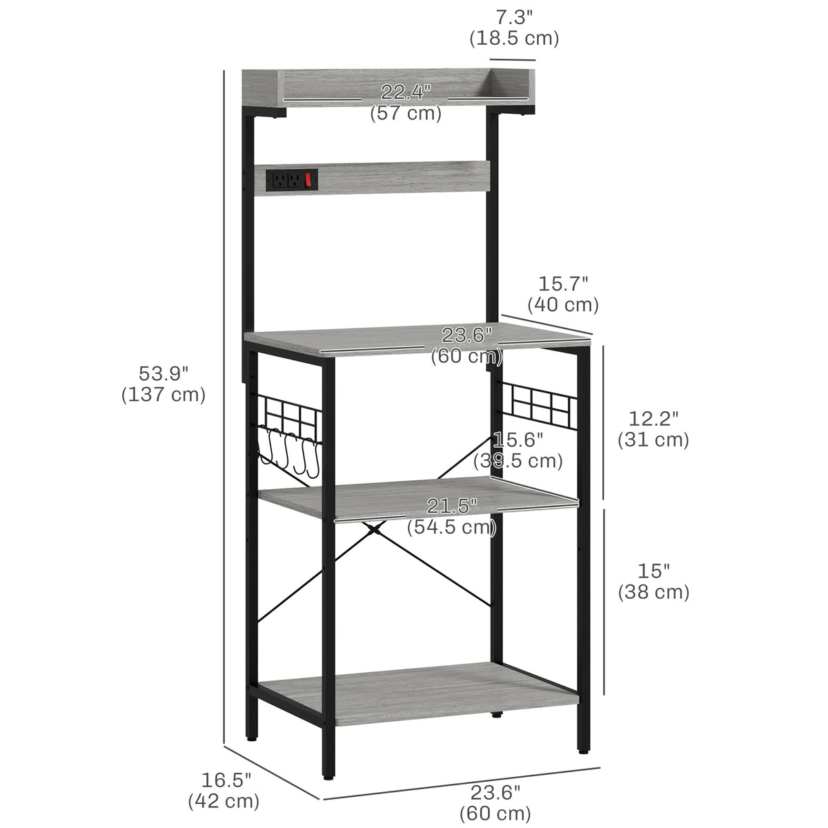 Kitchen Baker's Rack with Power Outlet, Coffee Bar Station with Adjustable Shelves and Hooks – view 2