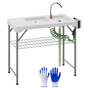 Folding Fish Cleaning Table with Sinks, Camping Sink with Faucet Drainage Hose Sprayer Shelf, Grey – view 8