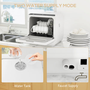 Countertop Dishwasher with Built-in 6L Water Tank, 5 Wash Programs, Touch Control, LED Display, Dual Water Supply, White