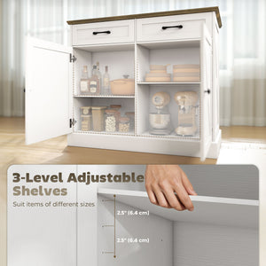 Kitchen Island with Sitting Space, Sideboard Cabinet with 2 Drawers and 2 Adjustable Shelves for Dining Room, White