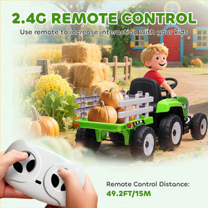 Aosom 12V Kids Ride on Tractor with Trailer, Battery Powered Electric Kids Car with Remote Control, Music Start up Sound and Horn, USB, LED Lights