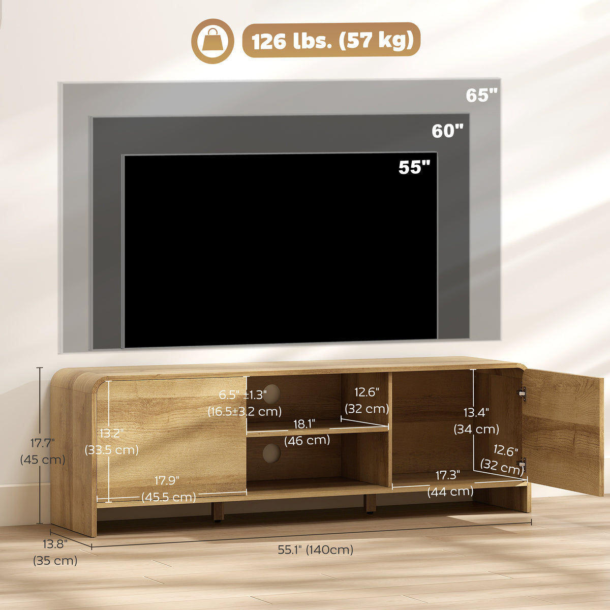 TV Stand for up to 65 Inch TV, Nordic Entertainment Center with 2 Cabinets and 2 Open Shelves for Living Room, Natural
